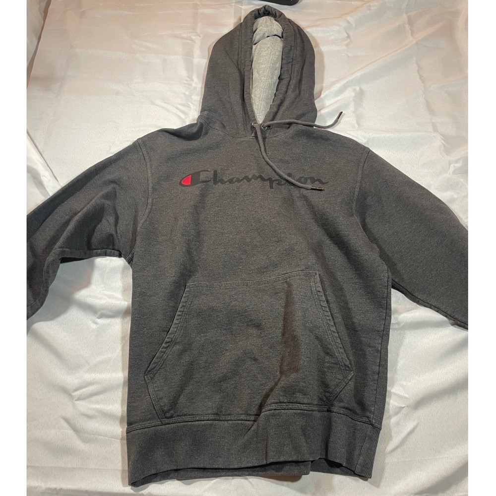 Champion Hoodie  Small Gray Script Logo Pullover Fleece Sweatshirt Streetwear